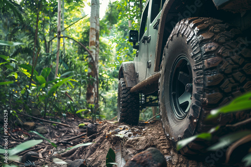 A vehicle with mudcaked tires navigates a forest trail photo