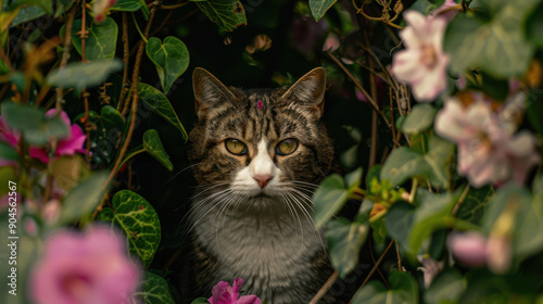 Detailed and whimsical image of a cat gazing at the camera, set against a backdrop of flowers and vines, captured in stunning detail with a Sony FE 100-400mm f/4.5-5.6 GM OSS lens photo