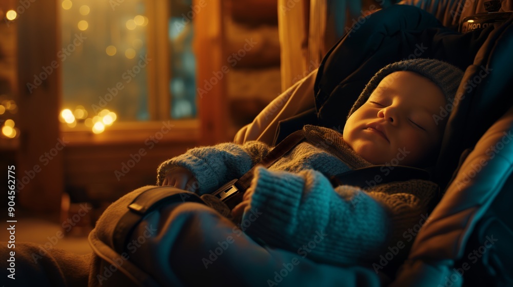 Obraz premium Sleeping baby in a cozy cabin, wearing a knit sweater and beanie. The soft glow from the warm interior lighting gently illuminates the baby's face, enhancing the peaceful and serene atmosphere.