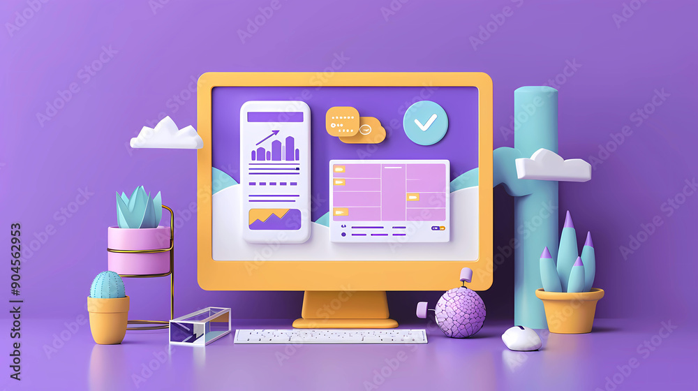 3D computer app for website, office, business, design isolated on purple background. 3D render icon illustration wallpaper. 3D computer app for website, office, business, design isolated on purple background. 3D render icon illustration wallpaper.
