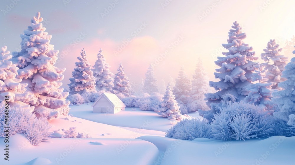 Fototapeta premium Serene Winter Wonderland at Sunset with Snow-Covered Trees and Cottage Illustration - Perfect for Holiday Greetings and Winter-Themed Designs