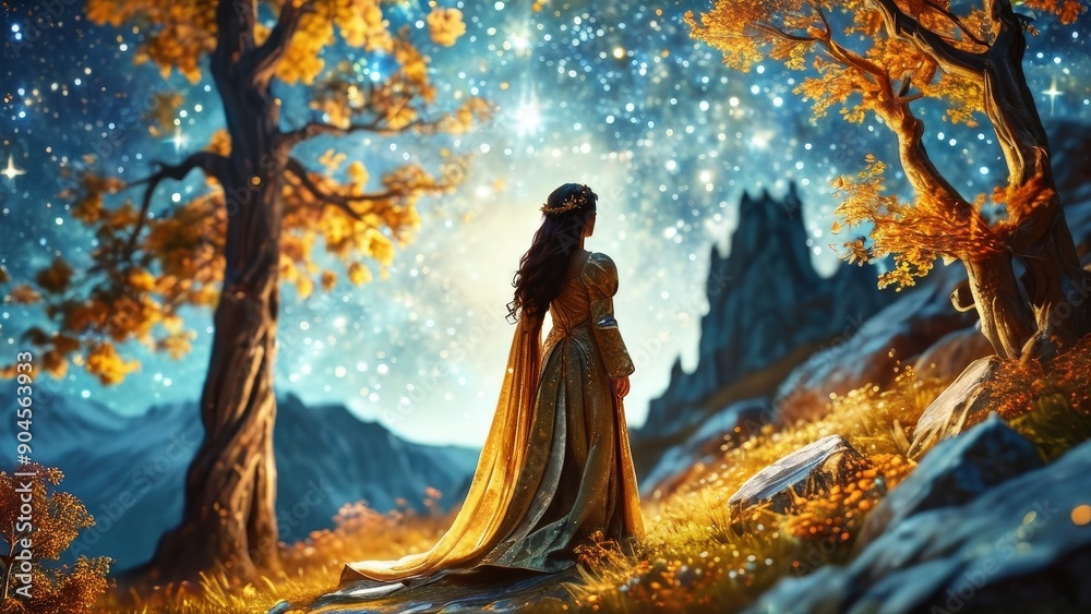 Woman in Golden Dress Under a Starry Sky. Woman in Golden Dress Under a Starry Sky.