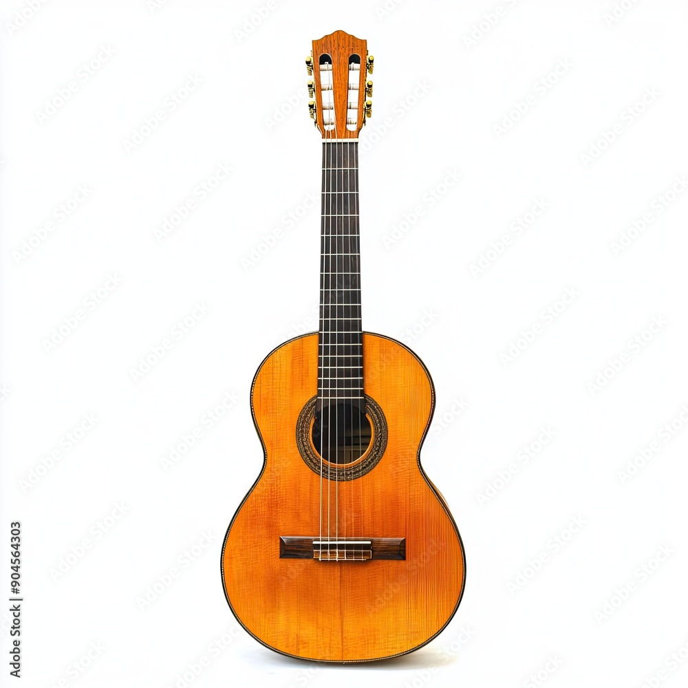 Naklejka premium Old model acoustic guitar, wood color on white background