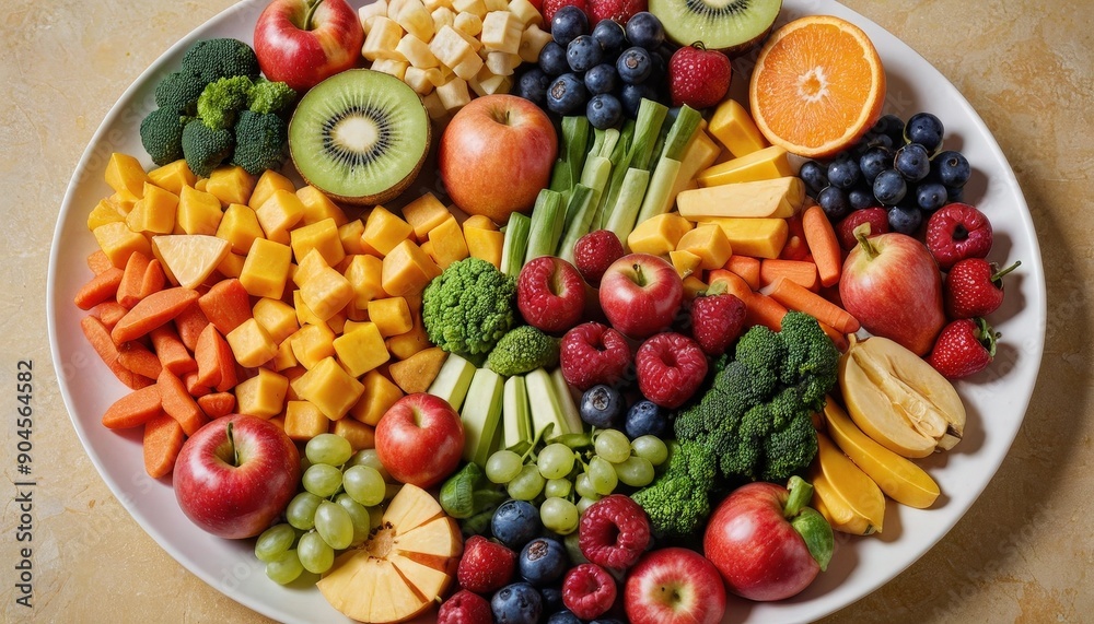 Colorful Fruit and Vegetable Platter on White Plate. Colorful Fruit and Vegetable Platter on White Plate.