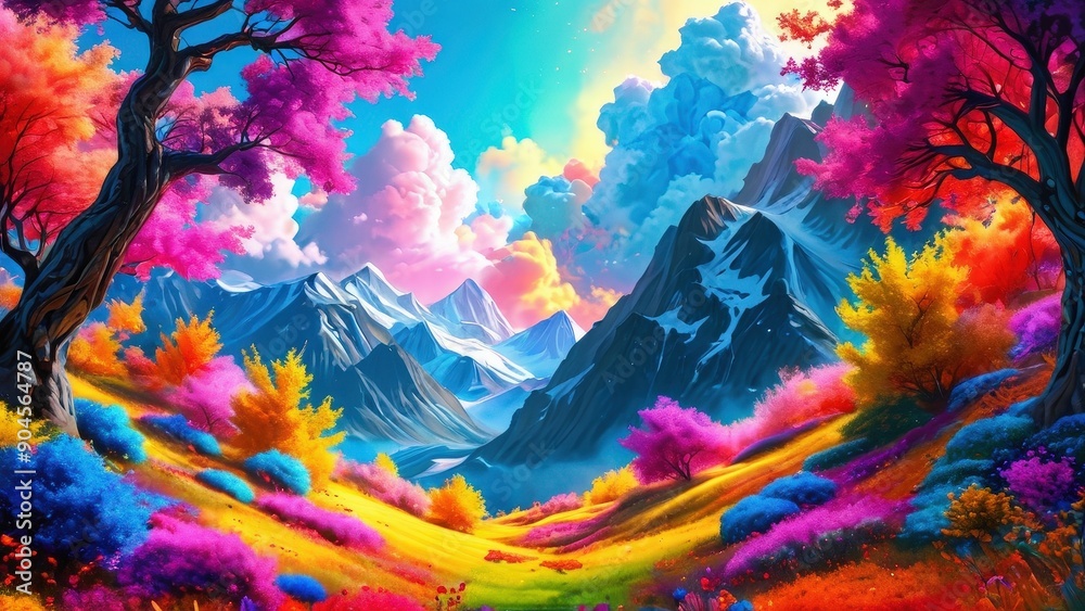 Dreamy Colorful Landscape With Mountains. Dreamy Colorful Landscape With Mountains.
