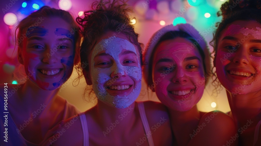 Female friends with face masks on, taking a selfie during a beauty party Female friends with face masks on, taking a selfie during a beauty party