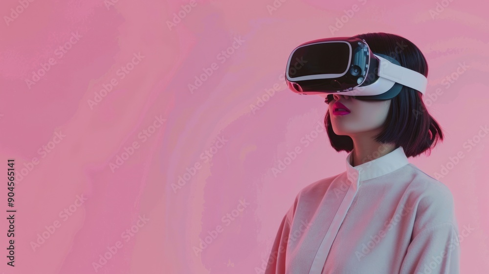 Woman Exploring Virtual Reality in a Pink Studio Woman Exploring Virtual Reality in a Pink Studio