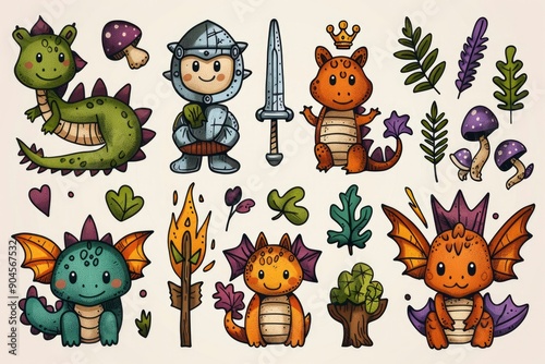 Wallpaper Mural Cute Cartoon Dragons, Knight and Forest Elements Set Torontodigital.ca
