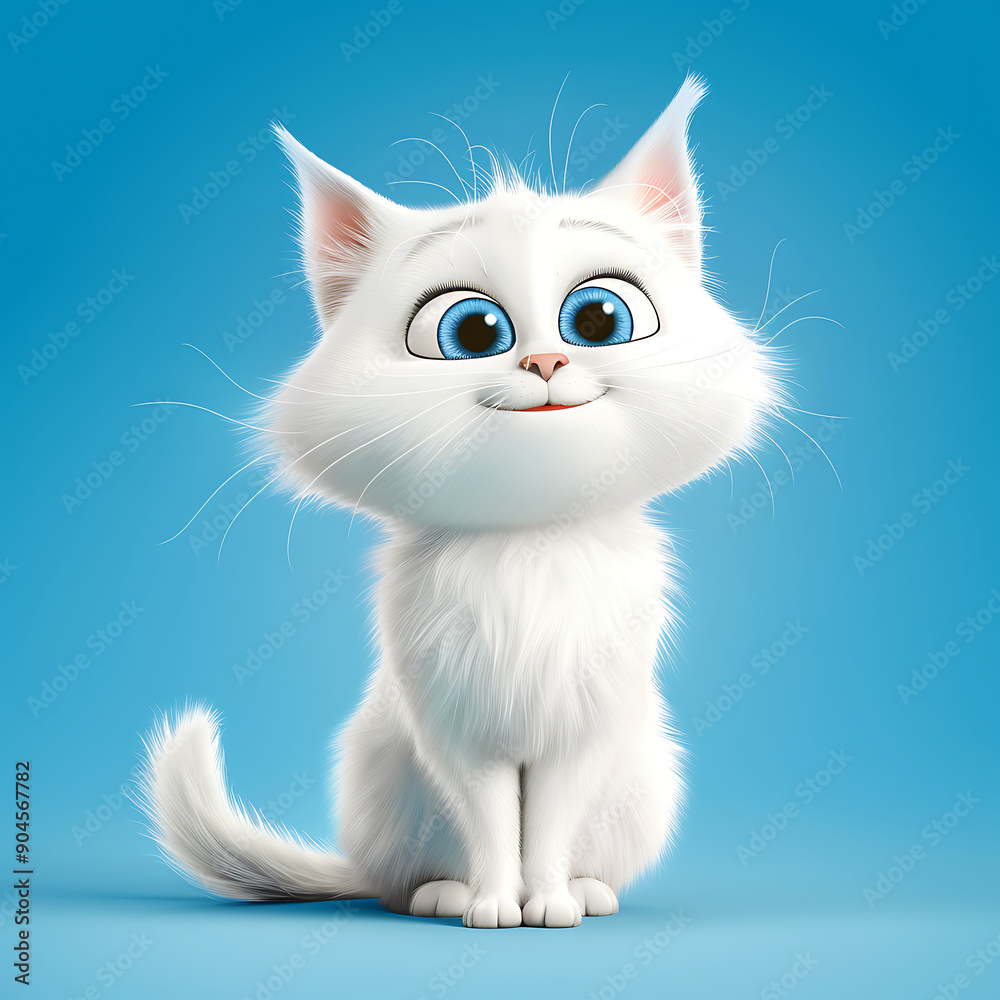 2. Cheerful white cat in 3D cel animation isolated on blue background captivating eyes and charming smile digital illustration DSLR camera settings 