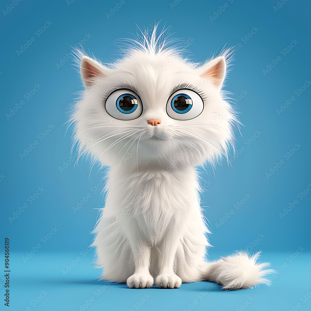 3. Youthful white cat with captivating eyes and a charming smile in a 3D cartoon style isolated on blue background sharp focus ISO 400 3. Youthful white cat with captivating eyes and a charming smile in a 3D cartoon style isolated on blue background sharp focus ISO 400