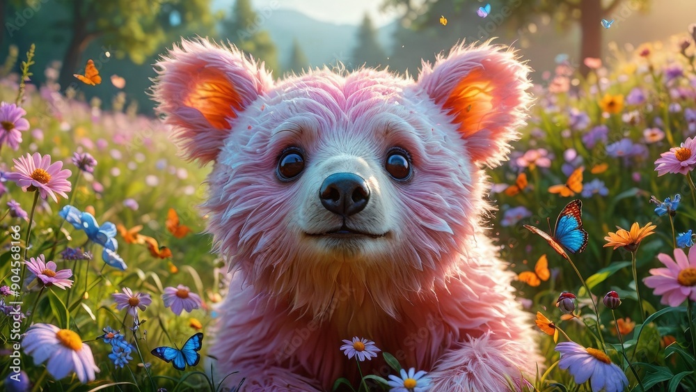 Pink Bear in a Field of Flowers. Pink Bear in a Field of Flowers.