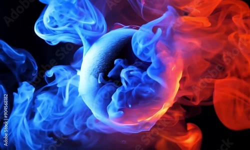  Abstract logo reveal with fire and ice effect. blue and red smoke collide around a sphere for logo placement. 2 video clip available, 1 in-out transition and 1 loop. 3D render, 4k loop