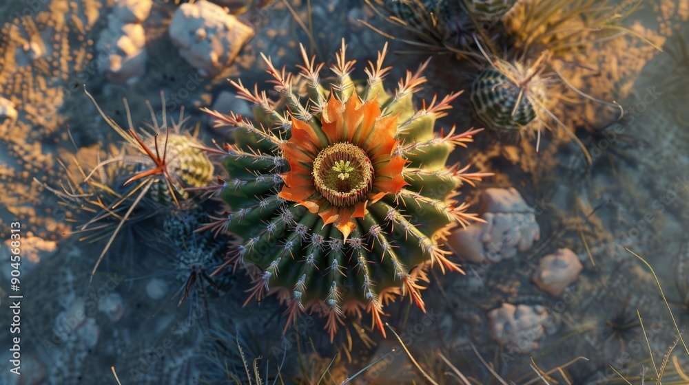 Top view of a blooming cactus flower in a desert landscape. Top view of a blooming cactus flower in a desert landscape.