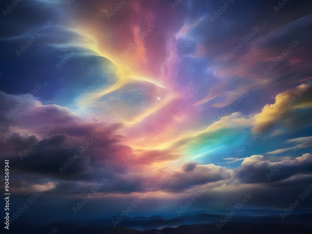 Obraz premium A breathtaking, cinematic photograph showcasing a vibrant rainbow celestial sky at nighttime, with swirling clouds of iridescent hues, ranging from soft pastel pinks and blues Generative AI