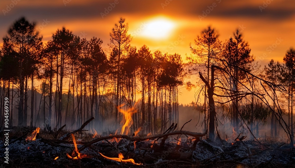 Fototapeta premium Forest Fire at Sunset: Nature's Destructive Beauty