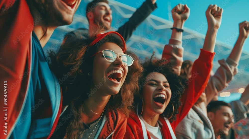 Multiracial group of happy friends cheering while watching sports game at stadium Multiracial group of happy friends cheering while watching sports game at stadium