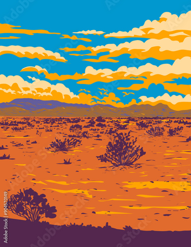 WPA poster art of the McCullough Mountain Range near the city of Henderson in Nevada, United States done in works project administration or federal art project style.