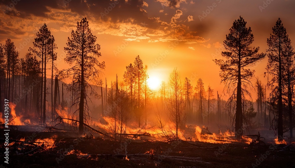 Fiery Sunset Over Burning Forest Landscape Fiery Sunset Over Burning Forest Landscape