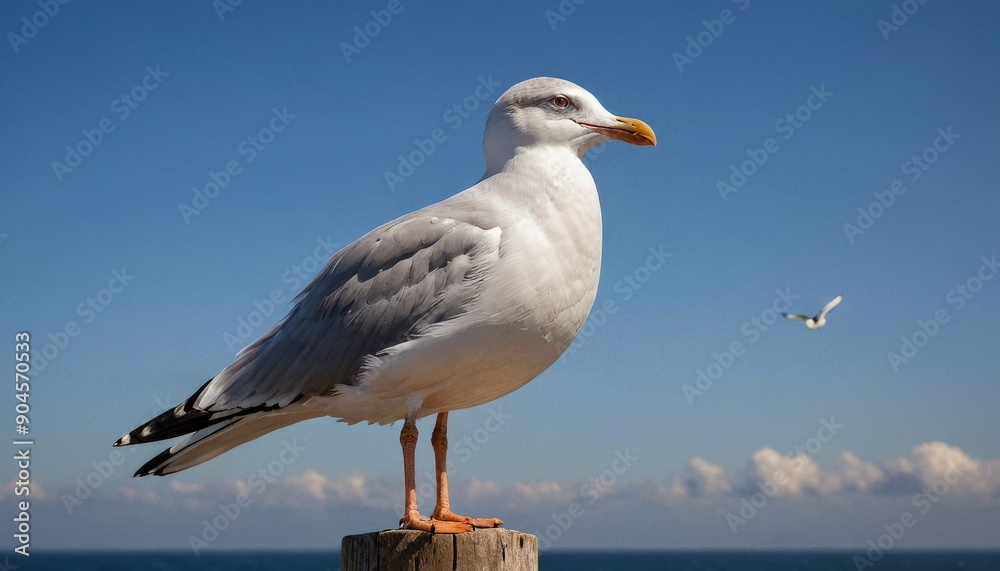 Fototapeta premium Seagull Perched on a Post Against Blue Sky.