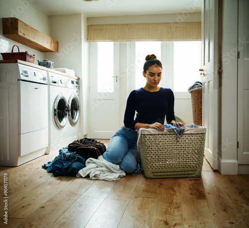 unmotivated and listless adult woman does the laundry in the laundry room, dirty laundry in the laundry basket, sitting on the floor, powerless and depressed, having to do housework