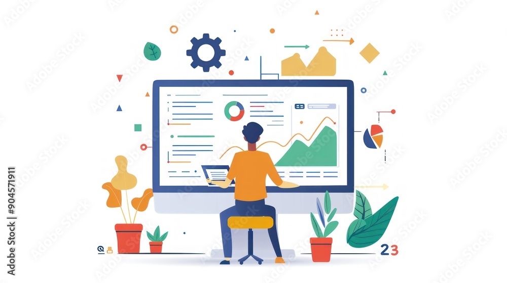 An illustration showing various data analysis tools, including graphs, charts, a magnifying glass, gears, and a computer monitor, representing analytics, business intelligence, and research.