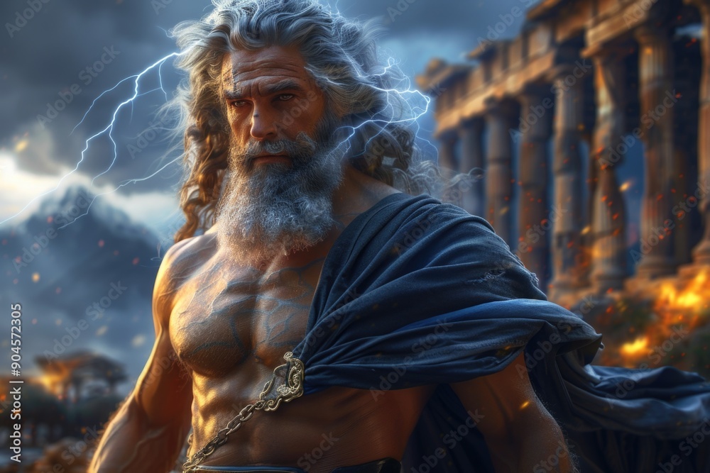 Supreme Deity: Zeus, Greek god of heavens, thunder and lightning, ruler of cosmos, chief of Olympian gods, equated with Jupiter in Roman mythology, embodying ultimate power, dominion over the world Supreme Deity: Zeus, Greek god of heavens, thunder and lightning, ruler of cosmos, chief of Olympian gods, equated with Jupiter in Roman mythology, embodying ultimate power, dominion over the world