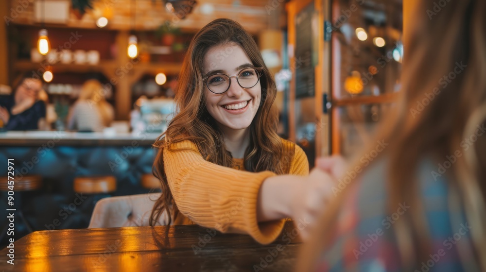 In a warm, cozy coffee setting, the young woman smiles and shakes hands during an informal meeting. This picture depicts a friendly greeting and a positive first impression