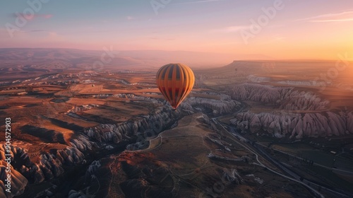 Hot Air Balloon Ascending Over Cappadocia at Sunset