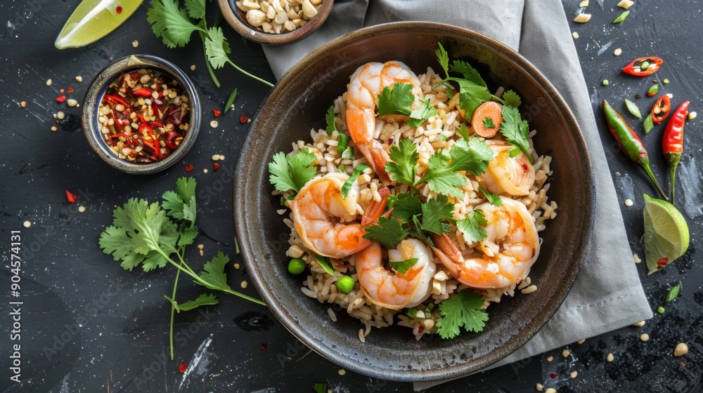 Top view of a Thai-style fried rice with shrimp and fresh herbs. Top view of a Thai-style fried rice with shrimp and fresh herbs.