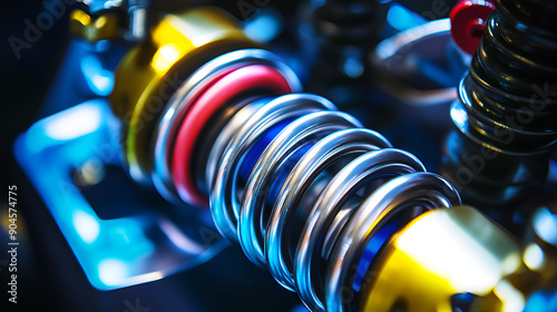 Close-up of a Shiny Metal Spring on a Motorcycle Suspension