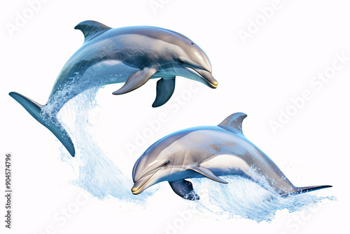 Two dolphins leap out of the water, creating a spray of droplets. The dolphins are in mid-air, with their bodies arched and their tails extended.