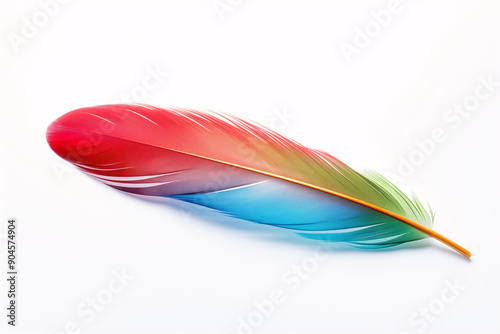A single, colorful feather with shades of red, blue, green, and yellow rests on a white background.