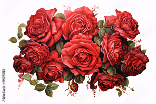 A cluster of velvety red roses in full bloom against a white background.