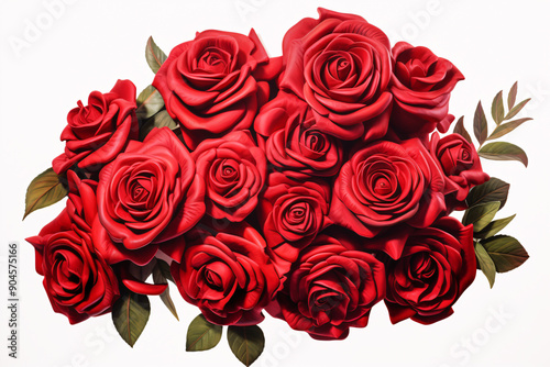 A vibrant bouquet of red roses with green leaves arranged in a beautiful cluster.