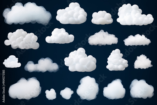 A collection of various fluffy white clouds isolated on a dark blue background.