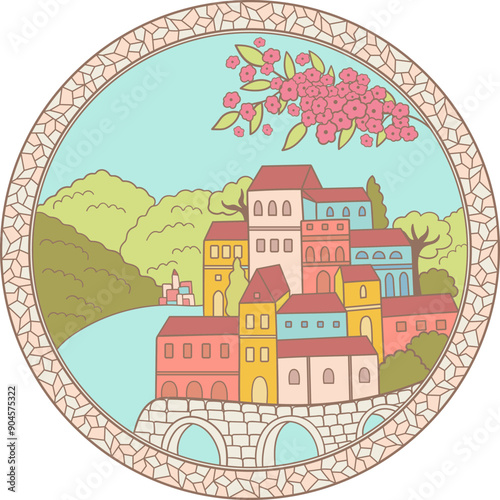 Coast of Mediterranean Basin round illustration. Colorful seaside landscape and buildings. Travel and tourism concept. Cartoon flat vector illustration