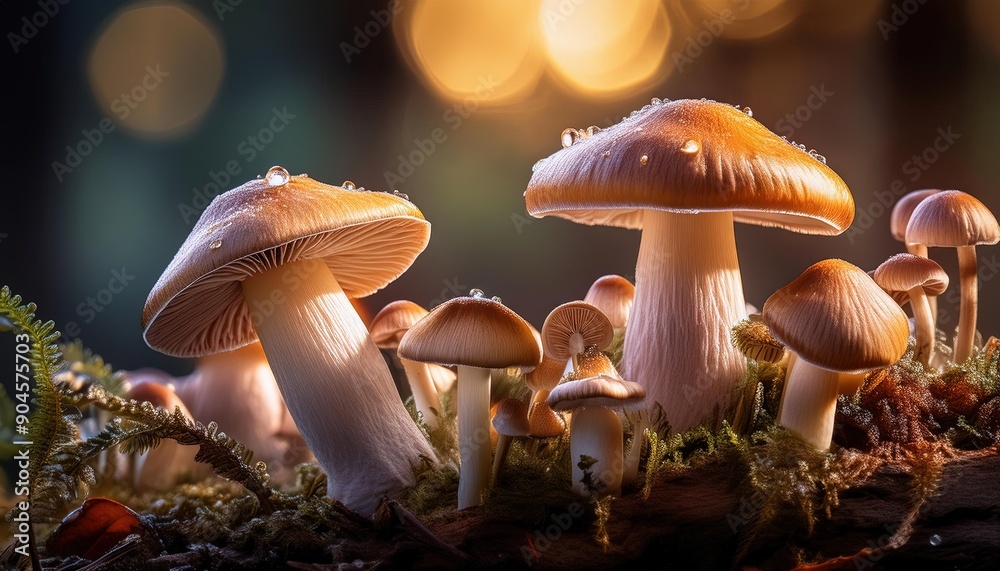 Mushroom Cluster in Forest with Dew Drops Mushroom Cluster in Forest with Dew Drops