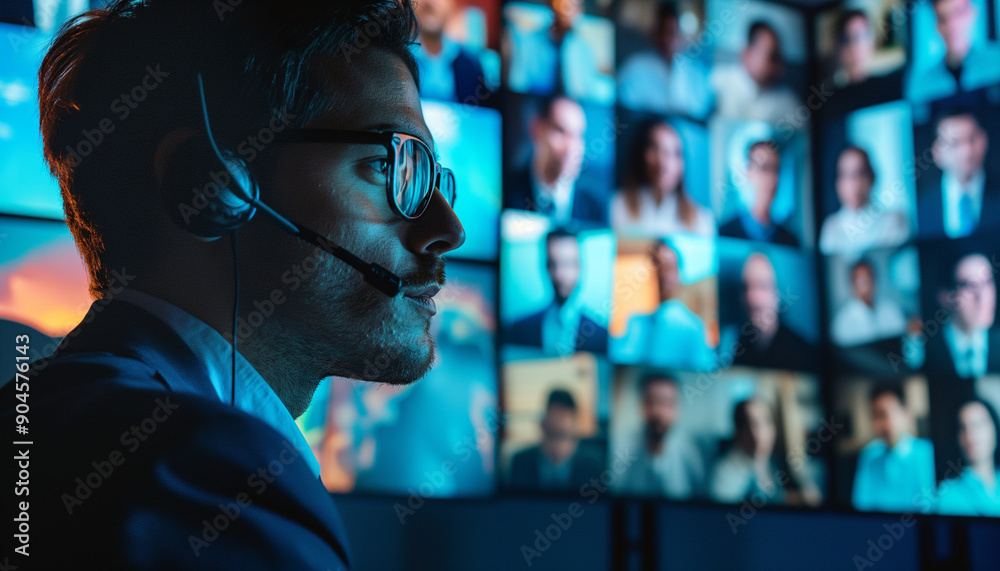 Young male professional with headset and glasses, engaged in a virtual meeting, surrounded by multiple screens displaying diverse attendees on a video call. Young male professional with headset and glasses, engaged in a virtual meeting, surrounded by multiple screens displaying diverse attendees on a video call.