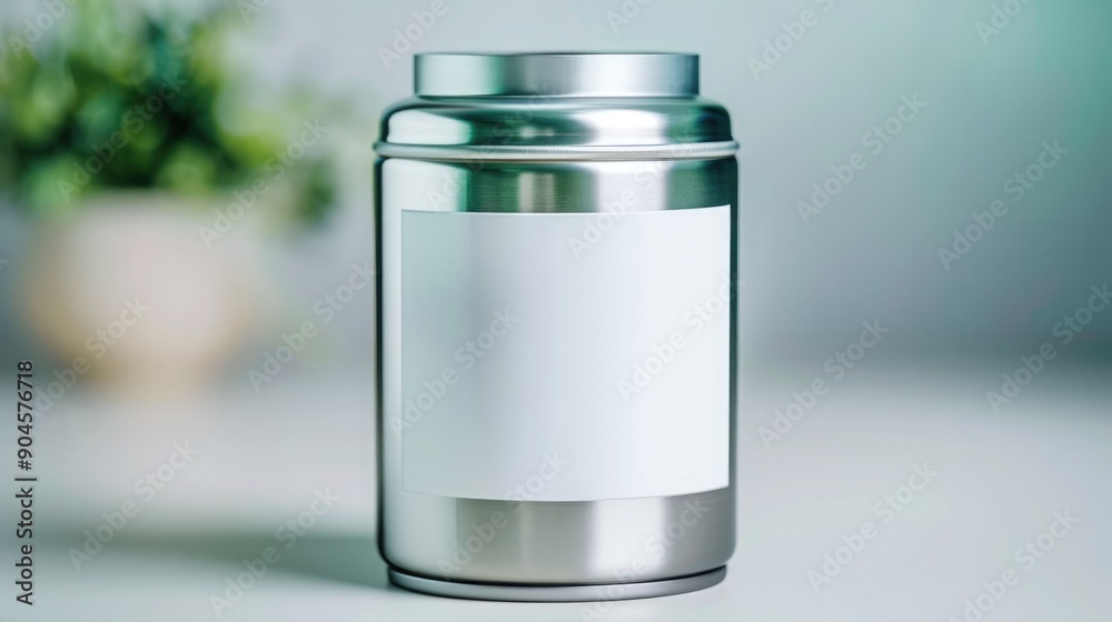 Stainless steel container with blank white label in a clean setting, ideal for branding or packaging mockups, with a soft focus background. Stainless steel container with blank white label in a clean setting, ideal for branding or packaging mockups, with a soft focus background.