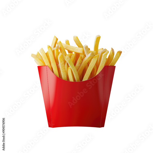 French fries or fried potatoes in a red carton box isolated on a transparent background with clipping path and complete depth of field