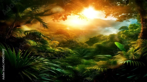 Panorama of orange sunlight penetrating between the leaves among the lush green and aesthetic forest, a concept of nature that is still beautiful
