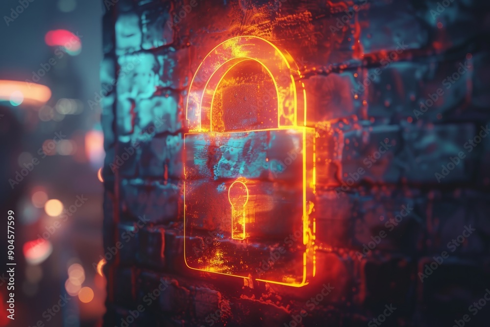 Obraz premium Fiery padlock on a digital background, depicting the intense protection of critical data assets.
