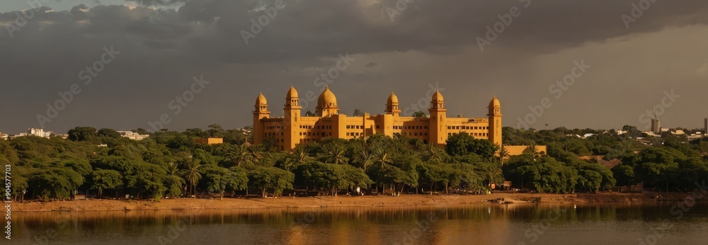 Naklejka premium Majestic Yellow Building on the Riverbank.