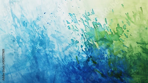 Abstract painting with blue and green watercolor splashes and splatters photo