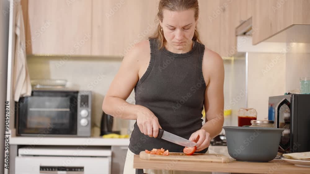In the Kitchen, a Young Woman Skillfully Chops Tomatoes for a Nutritious Salad. In the Kitchen, a Young Woman Skillfully Chops Tomatoes for a Nutritious Salad.
