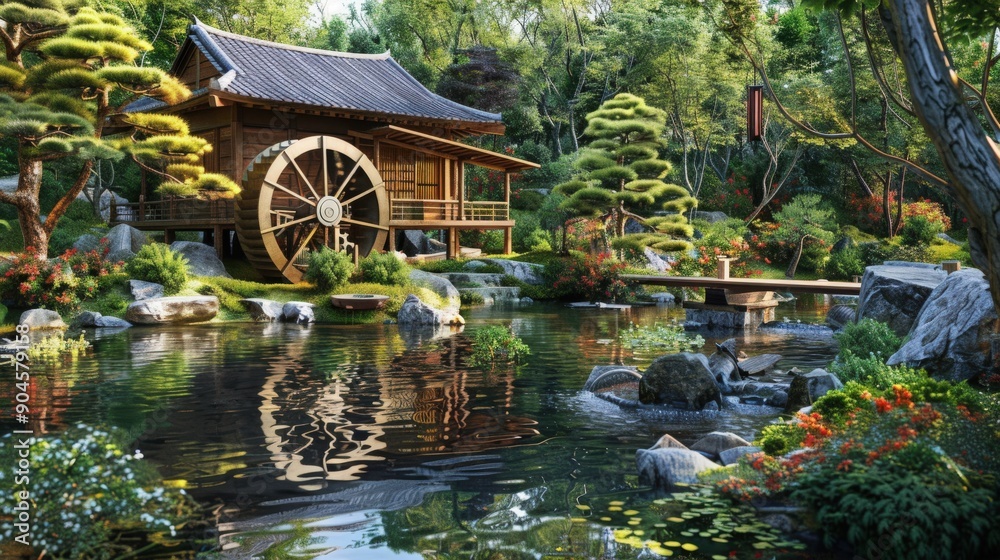 A serene garden with a traditional water wheel and lush greenery reflected in a tranquil pond. A serene garden with a traditional water wheel and lush greenery reflected in a tranquil pond.