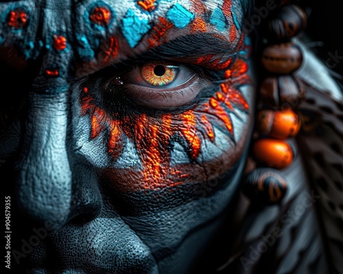 Elaborate war paint on a warrior s face, representing cultural heritage, Mythological, Bold colors, Illustration photo