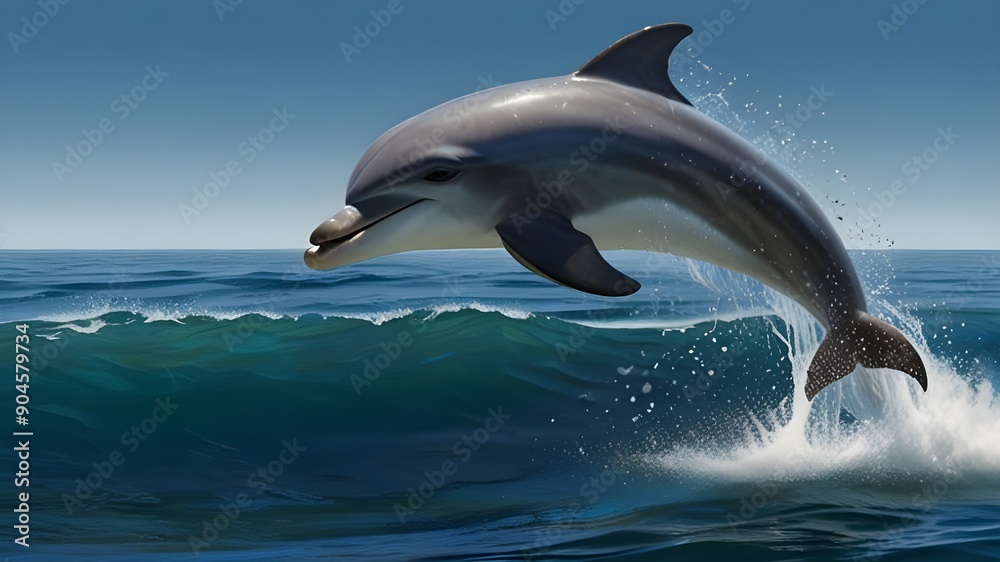 Obraz premium Cute Dolphin in Sparkling Waves Cute Baby Dolphin Leap