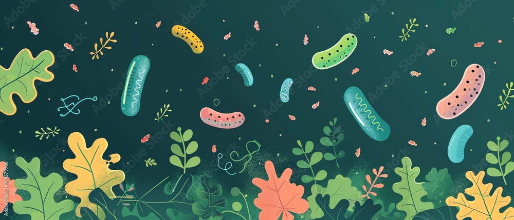 Bacteria life cycle, in a garden environment with leaves falling, flat design illustration Bacteria life cycle, in a garden environment with leaves falling, flat design illustration