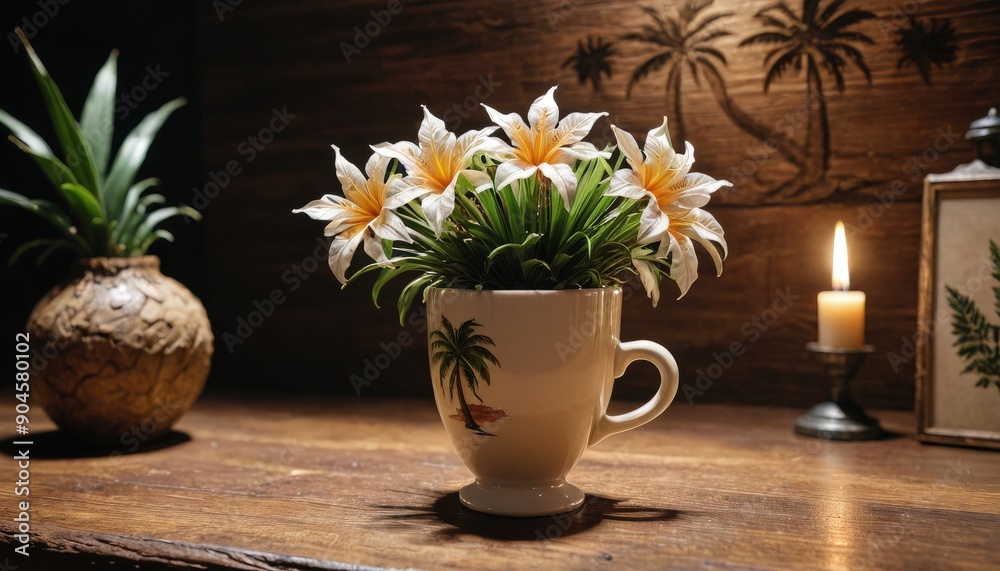 Obraz premium White Flowers in a Mug on a Wooden Table.